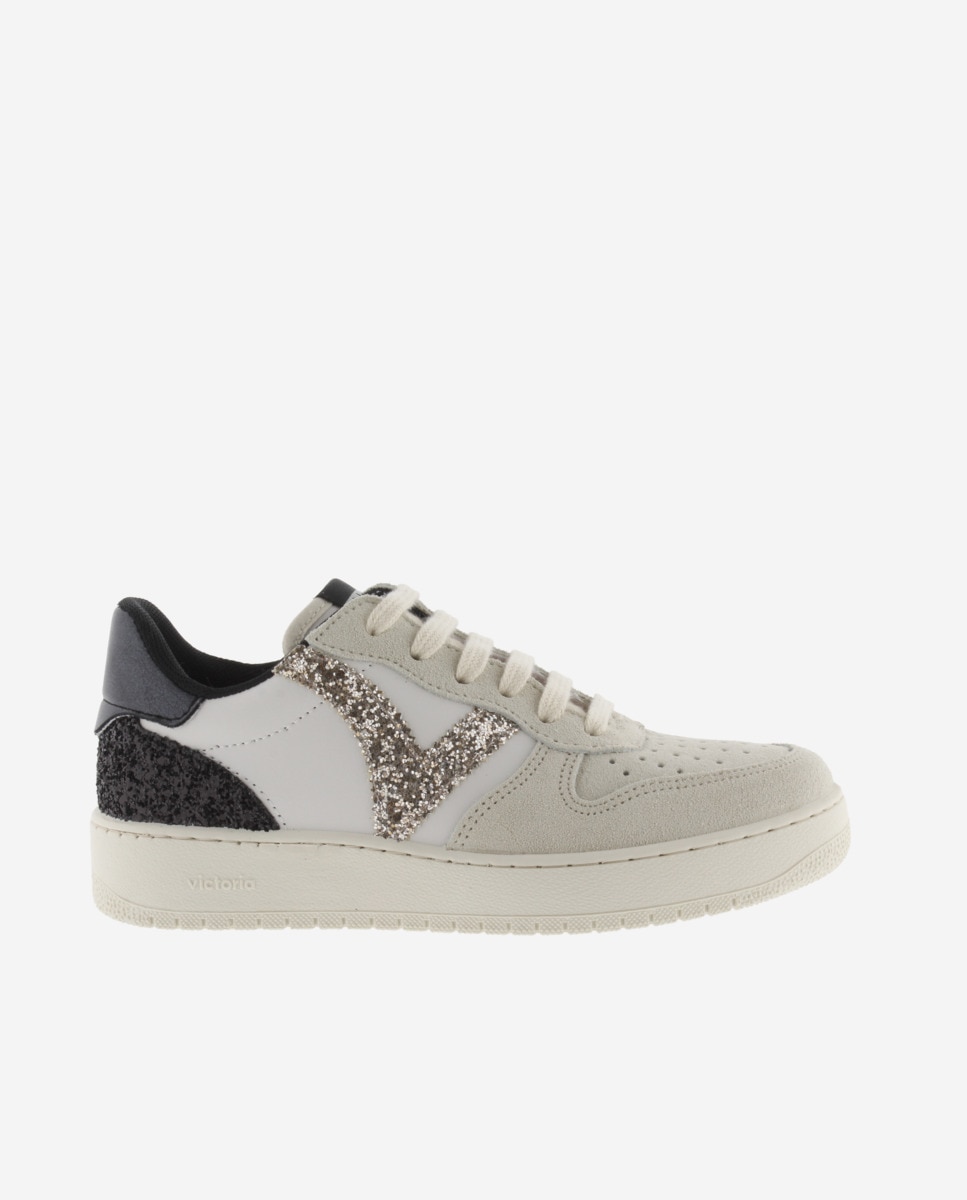 Sapatilhas Desportivas com Peças de Camurça e Glitter Branco-gelo-1