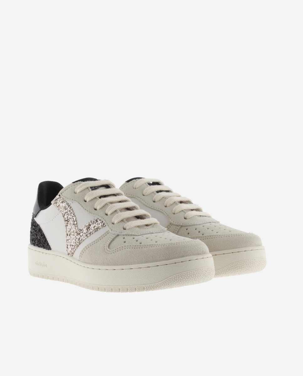 Sapatilhas Desportivas com Peças de Camurça e Glitter Branco-gelo-5