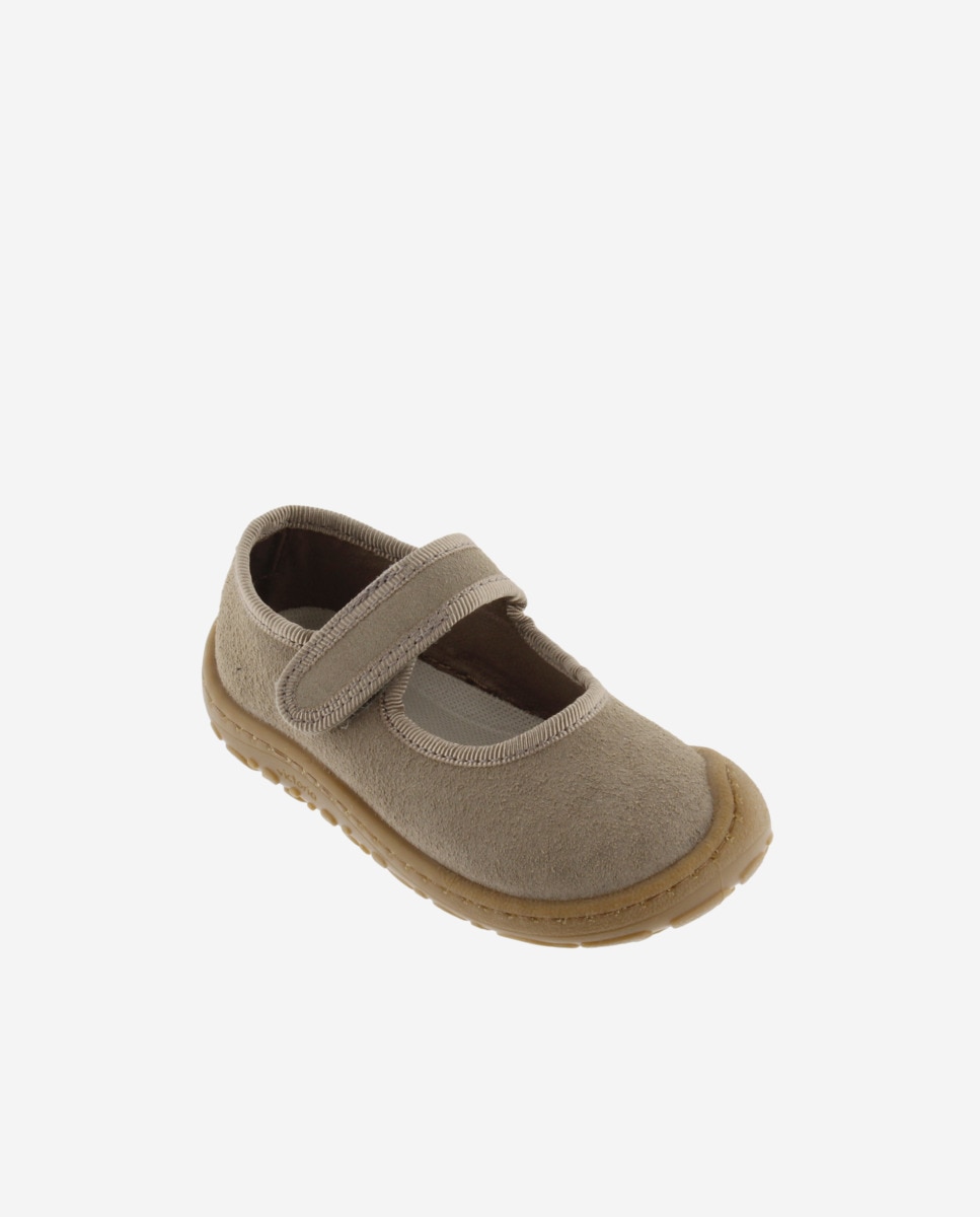 Merceditas Barefoot de Camurça com Debrum e Tira Adesiva Taupe-2
