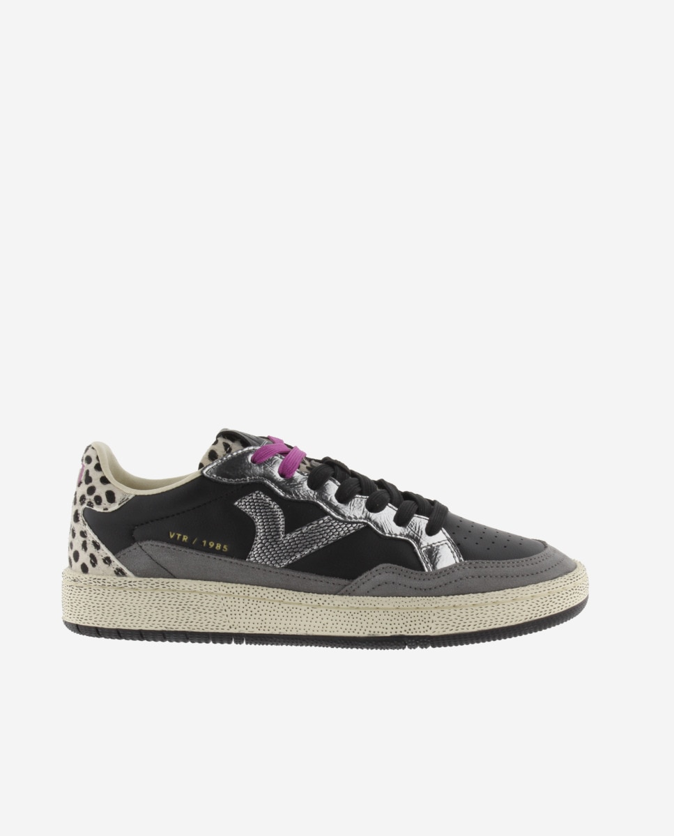 Sapatilhas Desportivas de Pele com Peças Animal Print e Metalizadas Preto-1