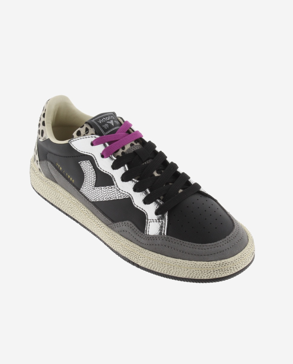 Sapatilhas Desportivas de Pele com Peças Animal Print e Metalizadas Preto-2