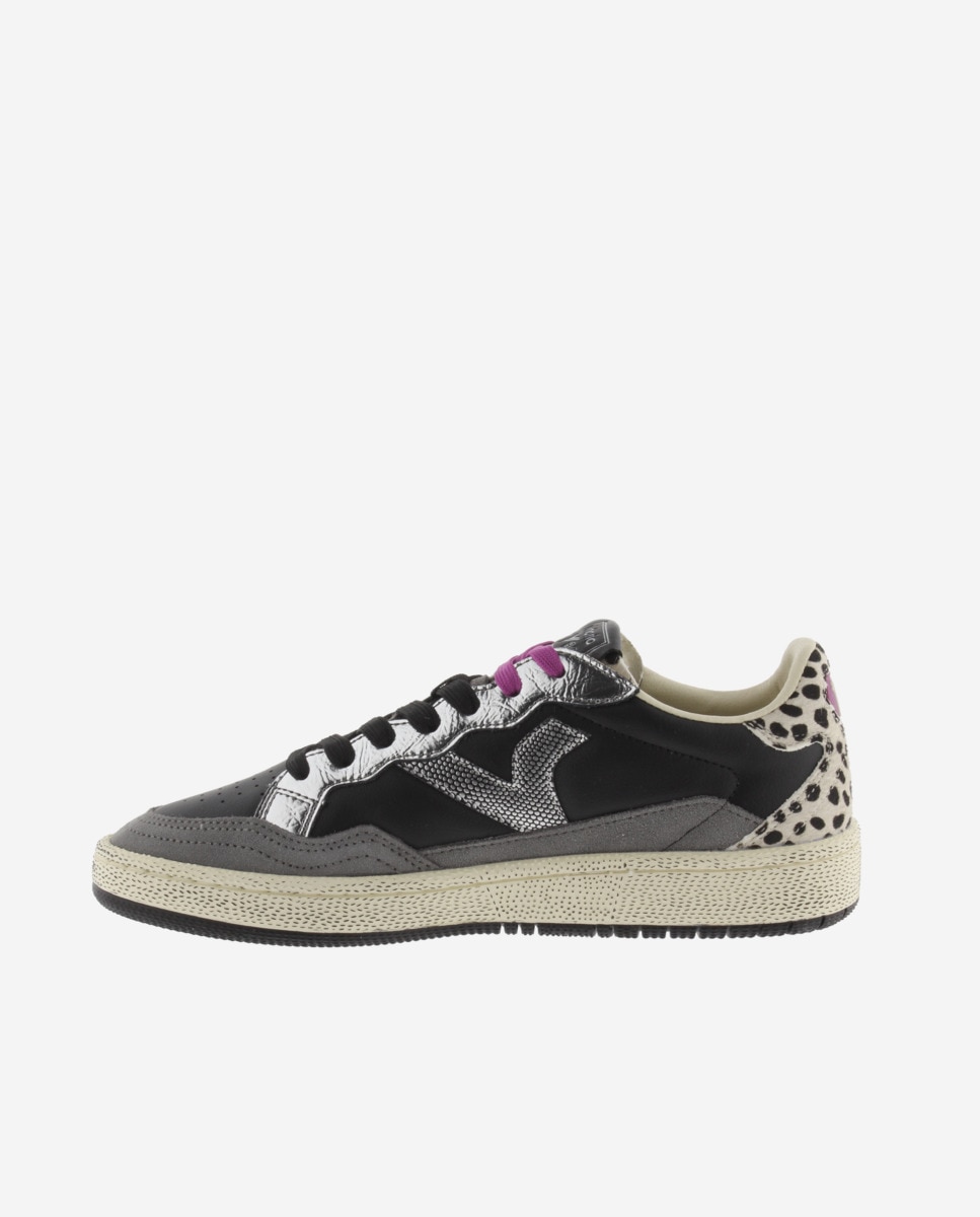 Sapatilhas Desportivas de Pele com Peças Animal Print e Metalizadas Preto-3