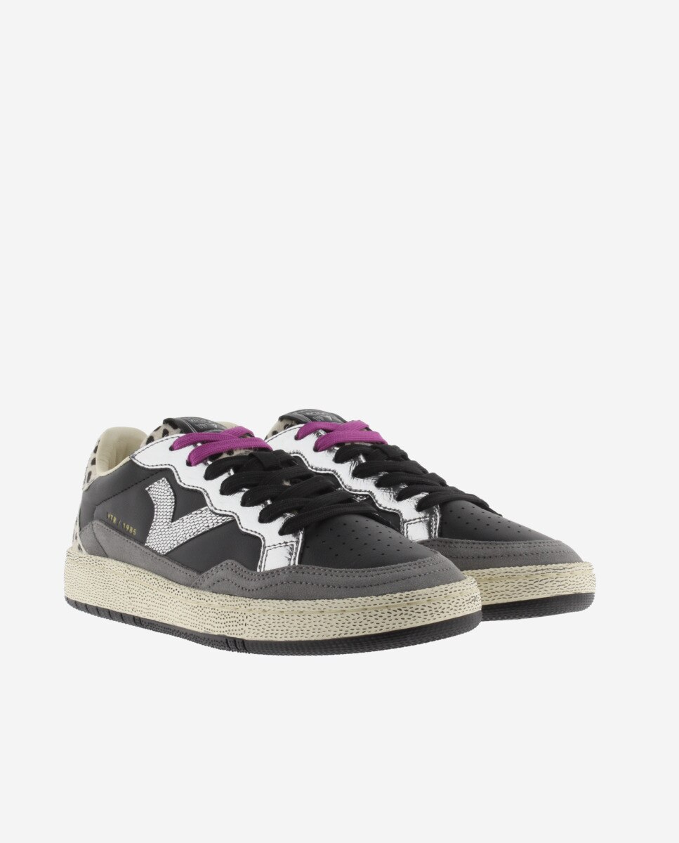 Sapatilhas Desportivas de Pele com Peças Animal Print e Metalizadas Preto-5