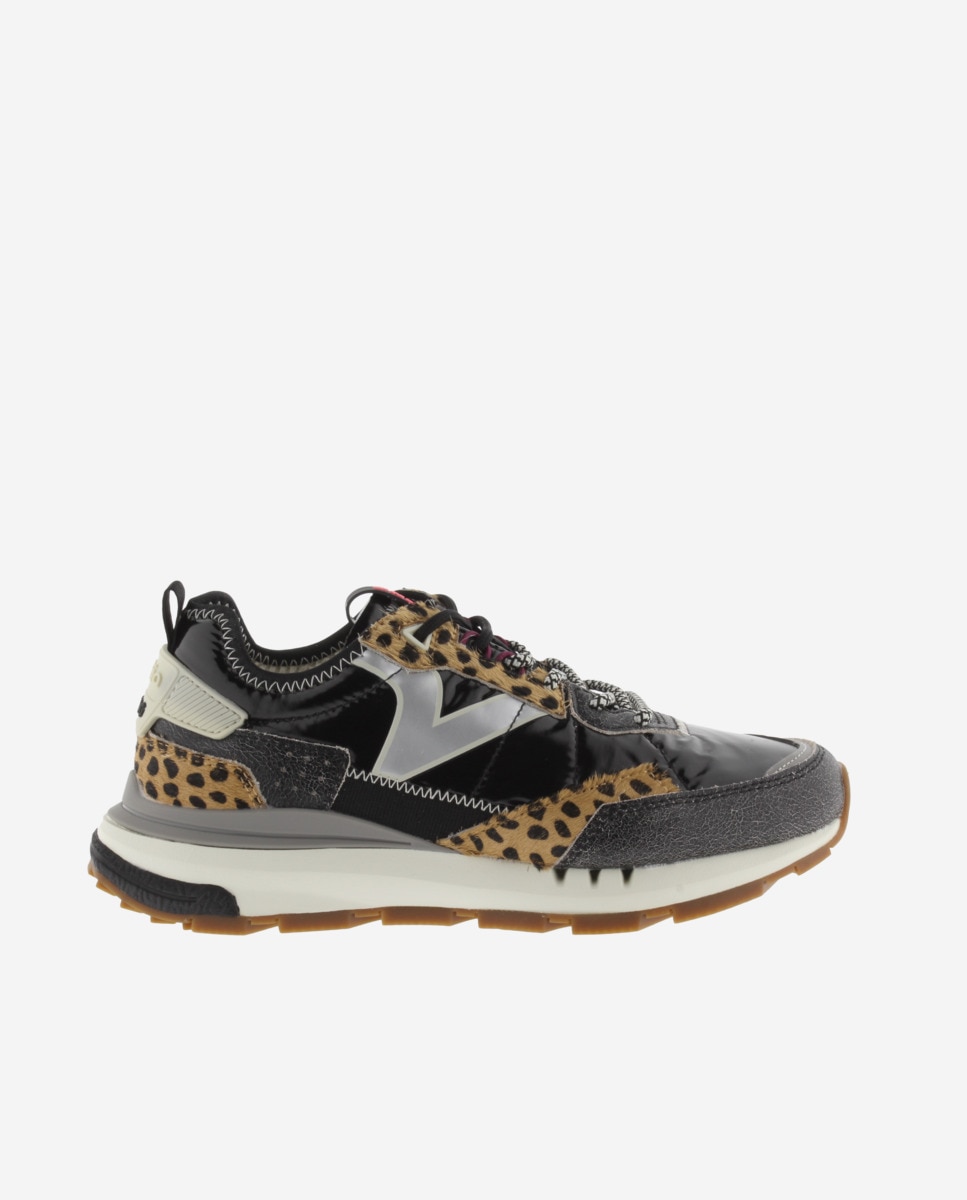 Sapatilhas Desportivas Metalizadas com Peças de Camurça e Animal Print Preto-1
