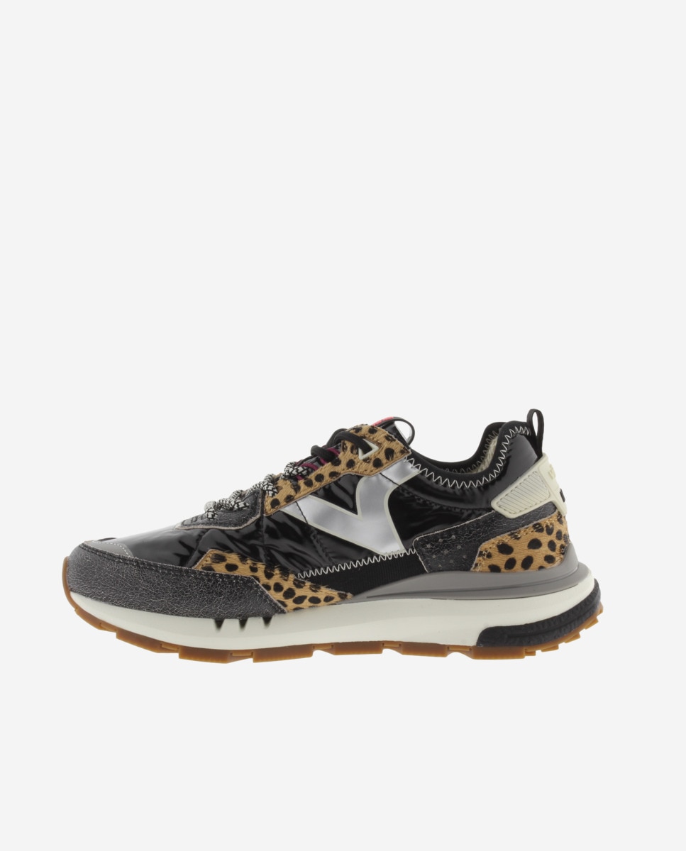 Sapatilhas Desportivas Metalizadas com Peças de Camurça e Animal Print Preto-3