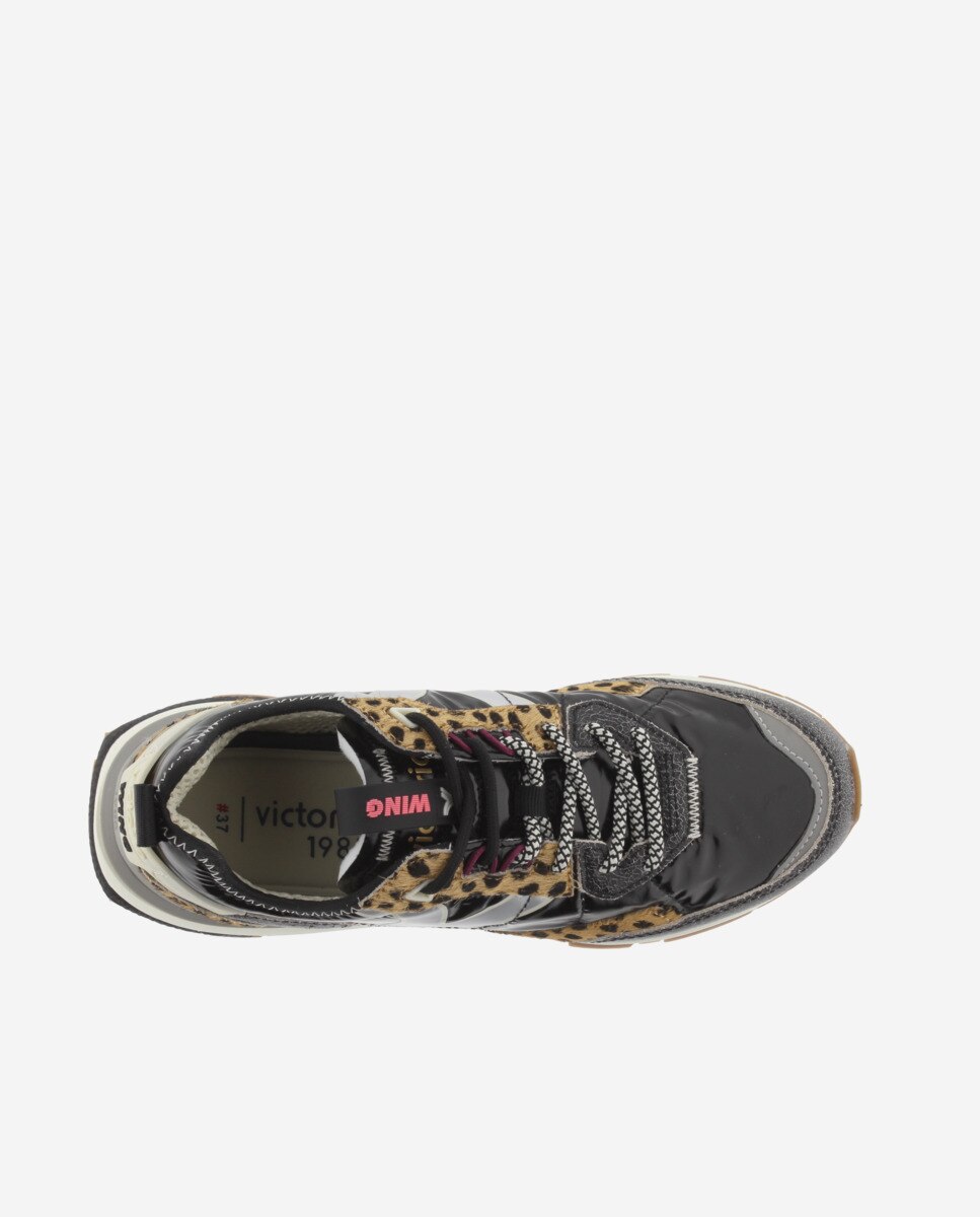 Sapatilhas Desportivas Metalizadas com Peças de Camurça e Animal Print Preto-4