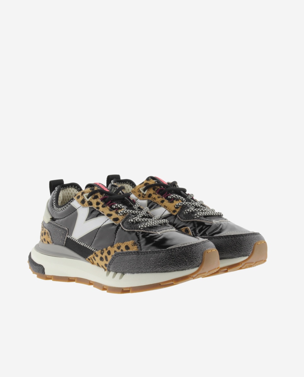 Sapatilhas Desportivas Metalizadas com Peças de Camurça e Animal Print Preto-5
