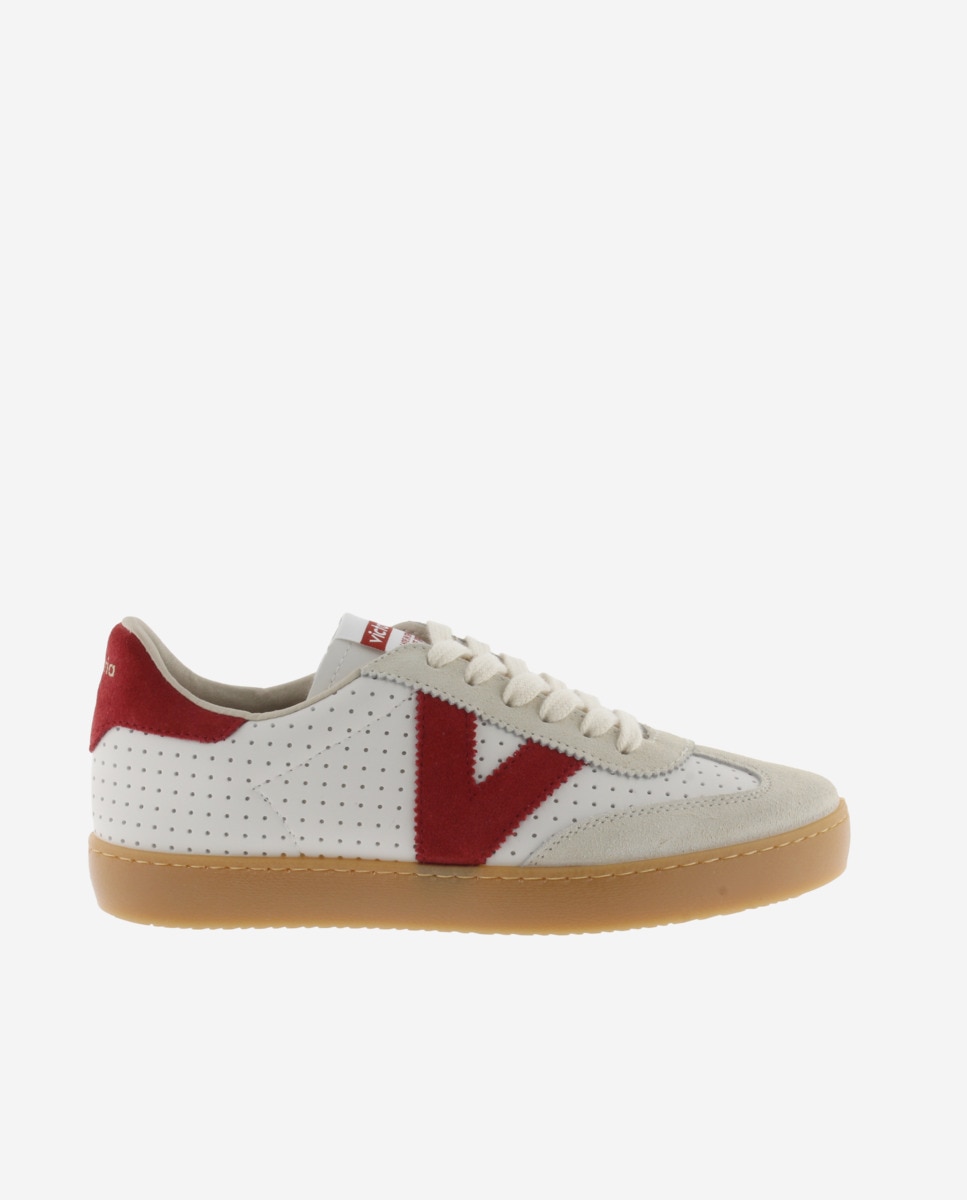 Desportivas Perfuradas com Peças Coloridas de Camurça e Sola Caramelo Branco / Vermelho-1