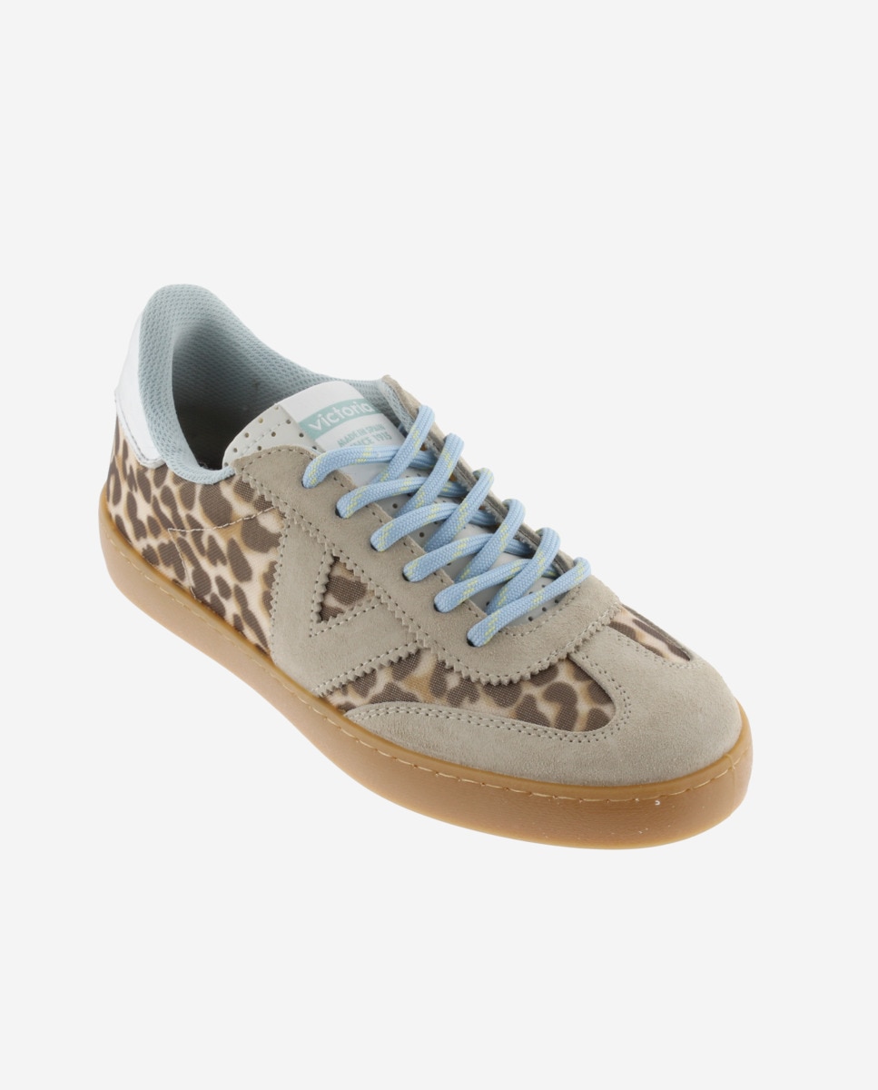 Sapatilhas Desportivas Animal Print com Peças de Camurça e Sola Caramelo Bege / Castanho-2