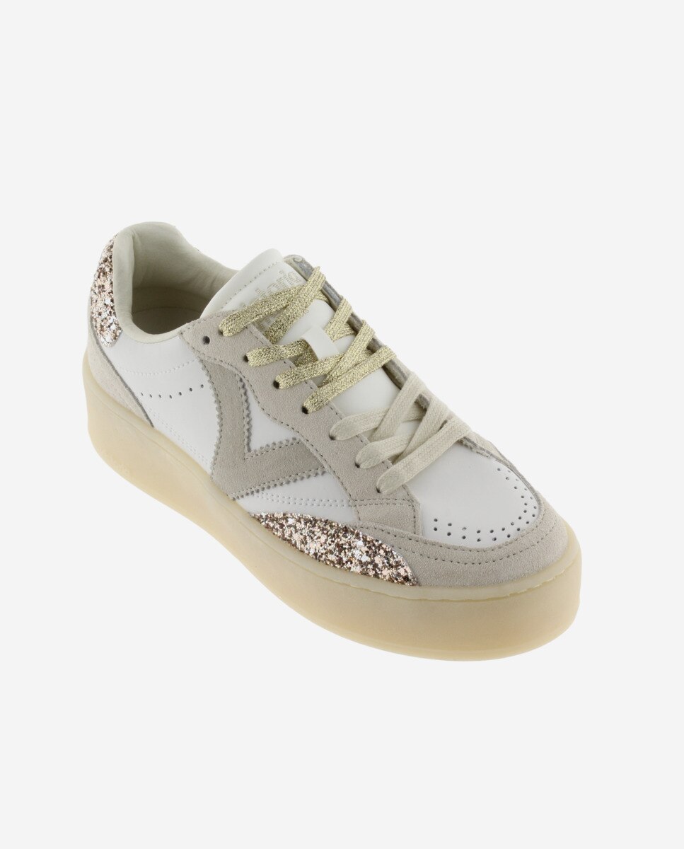 Sapatilhas Desportivas com Peças de Glitter e Camurça e Sola Caramelo Ouro-2