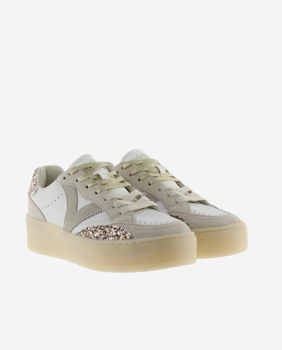 Sapatilhas Desportivas com Peças de Glitter e Camurça e Sola Caramelo Ouro-5