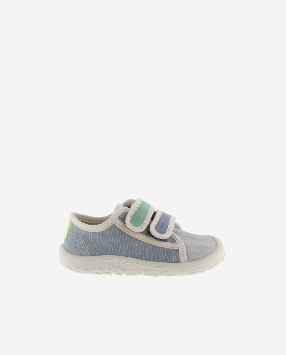 Sapatilhas de Lona Infantil Barefoot com Debrum em Contraste e Velcro Duplo Victoria Azul / Branco-1