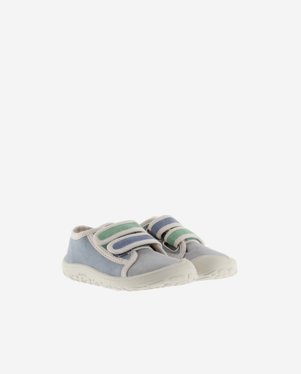Sapatilhas de Lona Infantil Barefoot com Debrum em Contraste e Velcro Duplo Victoria Azul / Branco-5