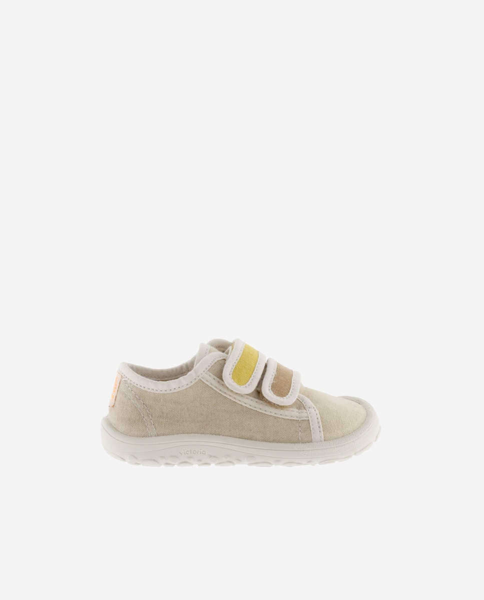 Sapatilhas de Lona Infantil Barefoot com Debrum em Contraste e Velcro Duplo Victoria Bege-1