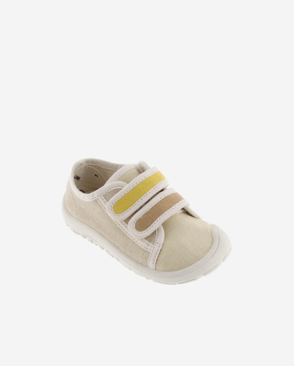 Sapatilhas de Lona Infantil Barefoot com Debrum em Contraste e Velcro Duplo Victoria Bege-2