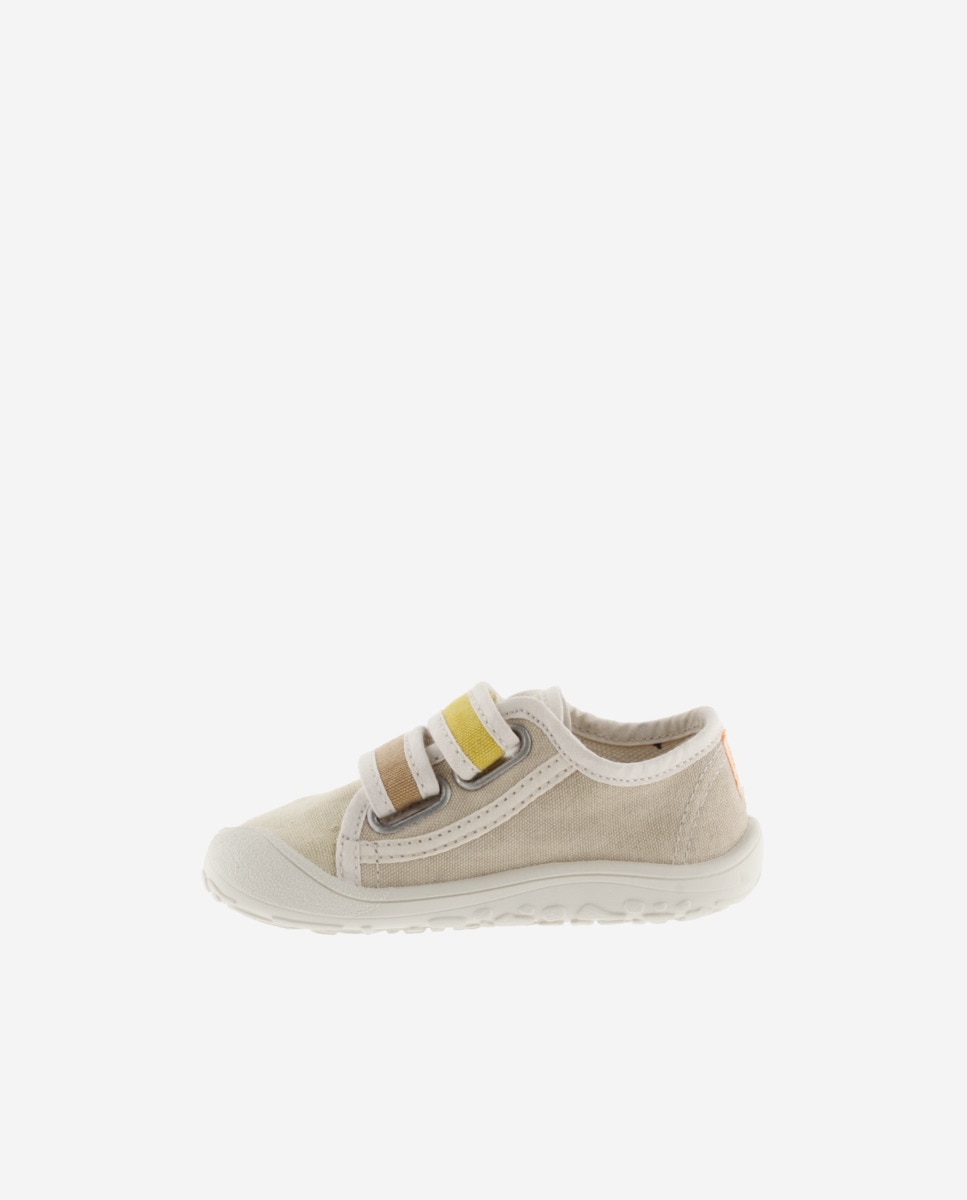 Sapatilhas de Lona Infantil Barefoot com Debrum em Contraste e Velcro Duplo Victoria Bege-3