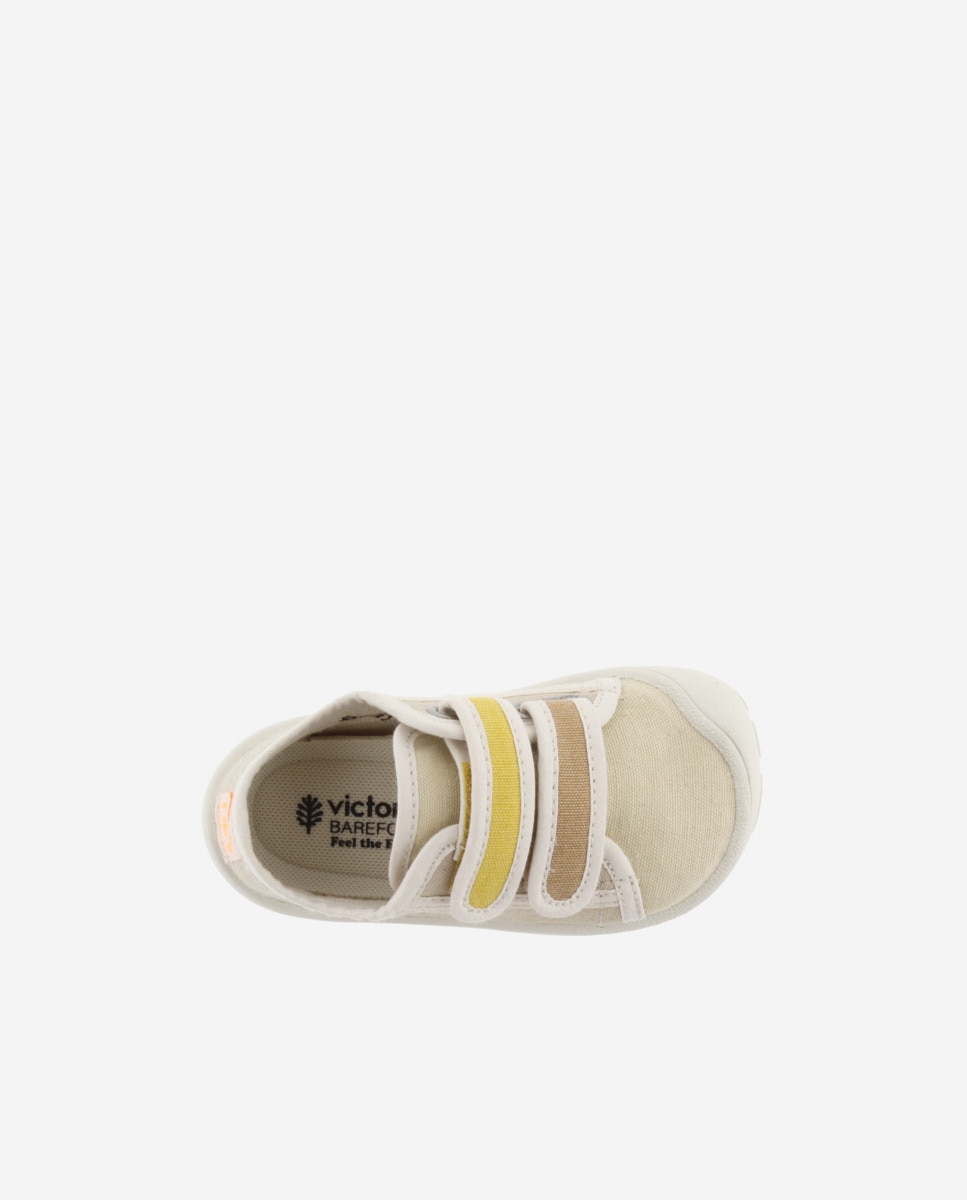 Sapatilhas de Lona Infantil Barefoot com Debrum em Contraste e Velcro Duplo Victoria Bege-4