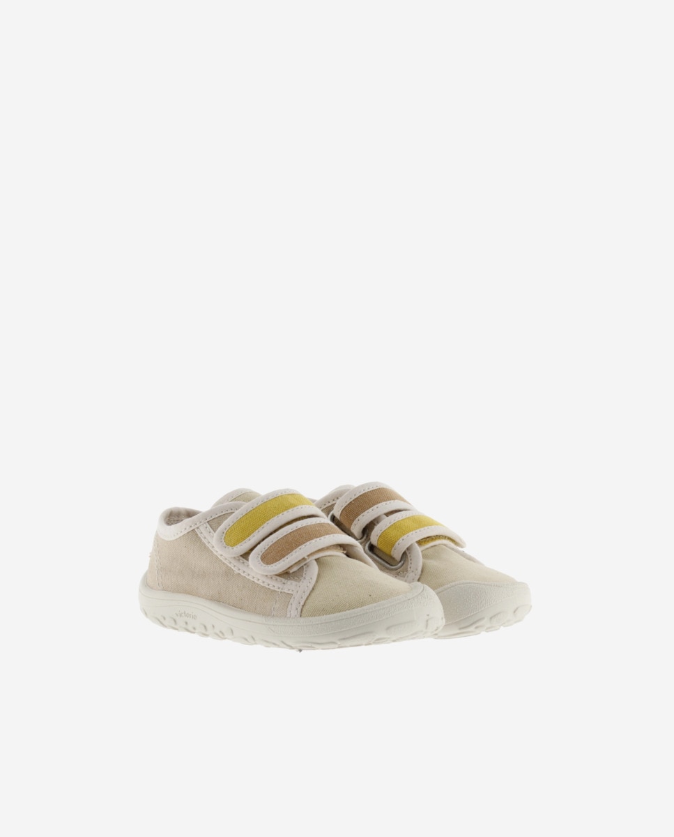 Sapatilhas de Lona Infantil Barefoot com Debrum em Contraste e Velcro Duplo Victoria Bege-5