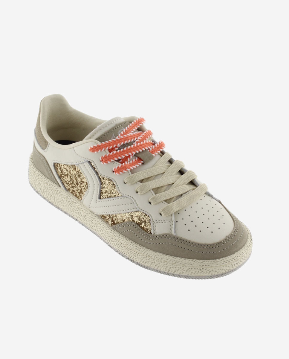 Sapatilhas Desportivas de Pele com Peças de Glitter e Animal Print Bege-2