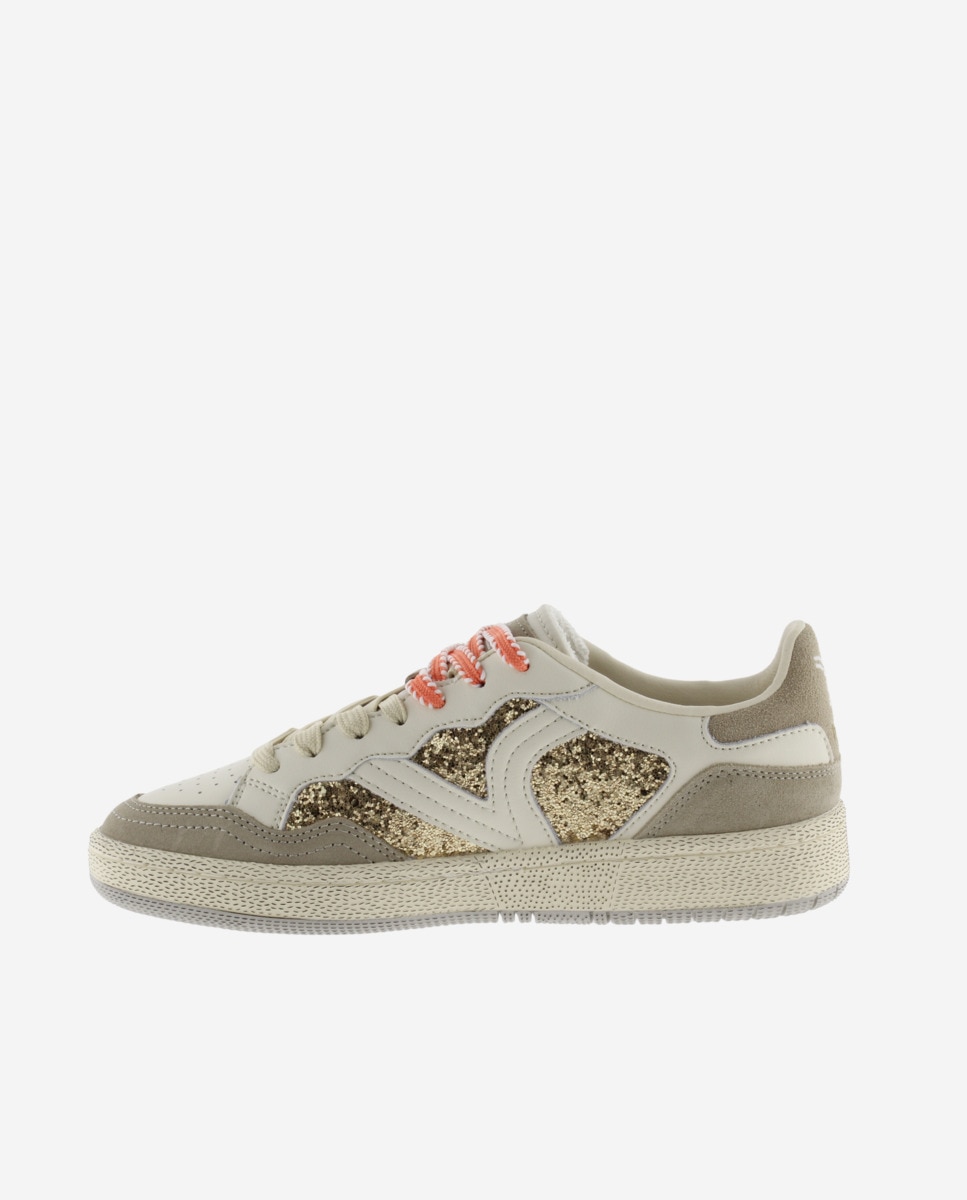 Sapatilhas Desportivas de Pele com Peças de Glitter e Animal Print Bege-3