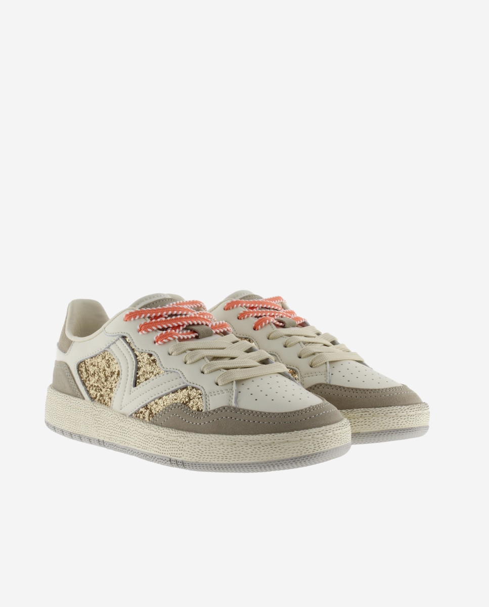 Sapatilhas Desportivas de Pele com Peças de Glitter e Animal Print Bege-5