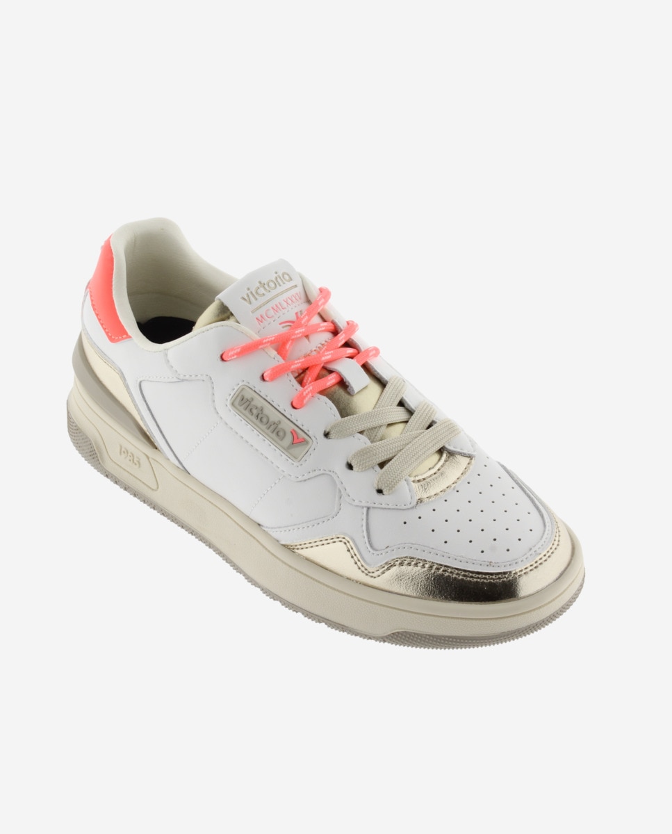 Sapatilhas Desportivas de Pele com Peças Flúor e Metalizadas Branco / Fúcsia-2