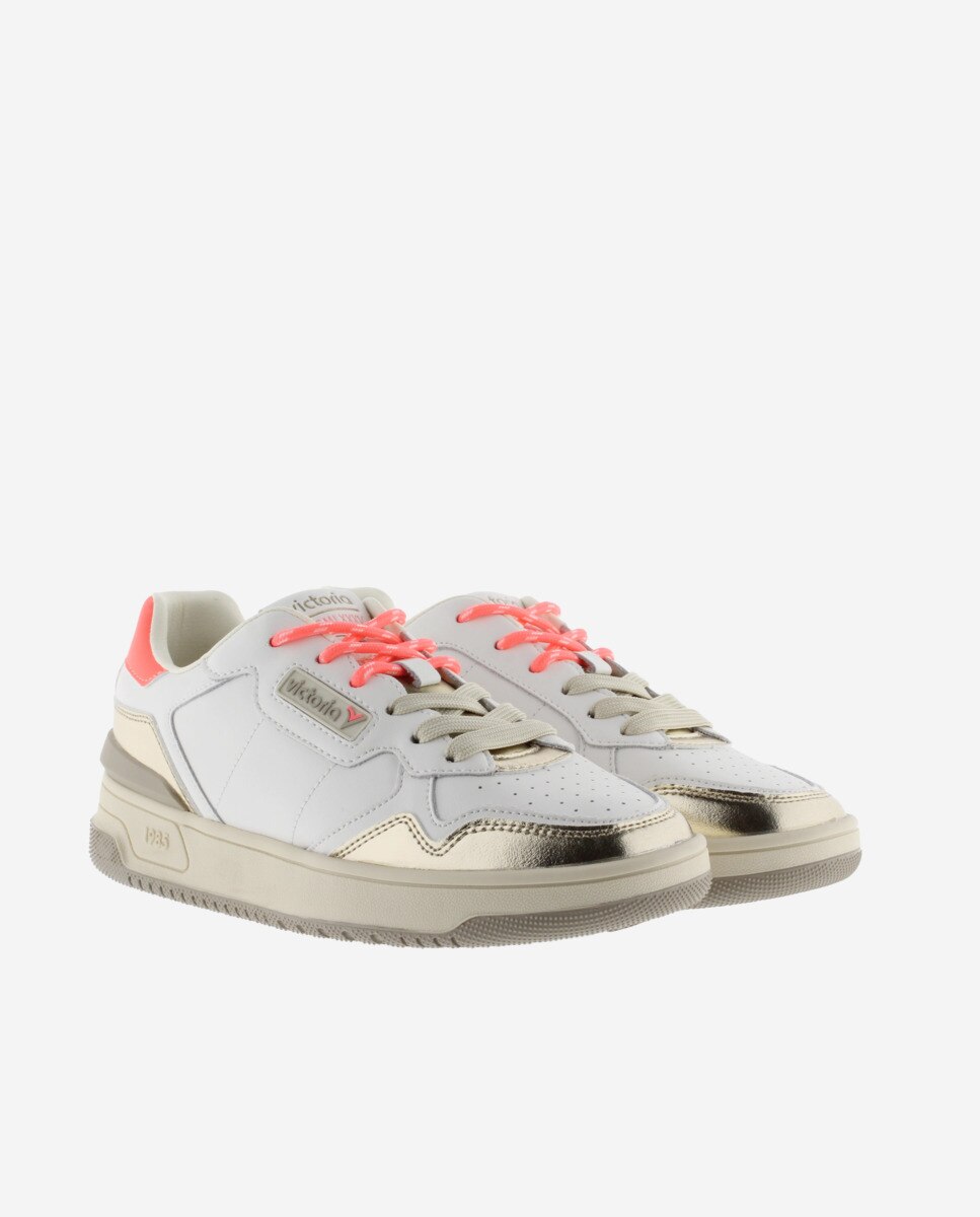 Sapatilhas Desportivas de Pele com Peças Flúor e Metalizadas Branco / Fúcsia-5