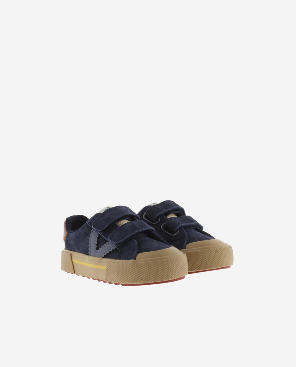Sapatilhas Baixas Infantil de Camurça com Peças Coloridas e Velcro Duplo Victoria Azul-marinho-5