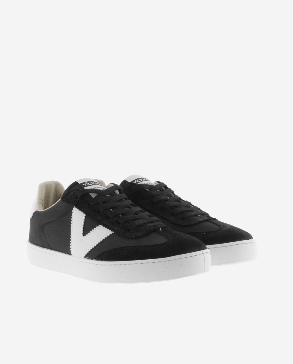 Desportivas de Nylon com Peças em Contraste e de Camurça Preto / Branco-5