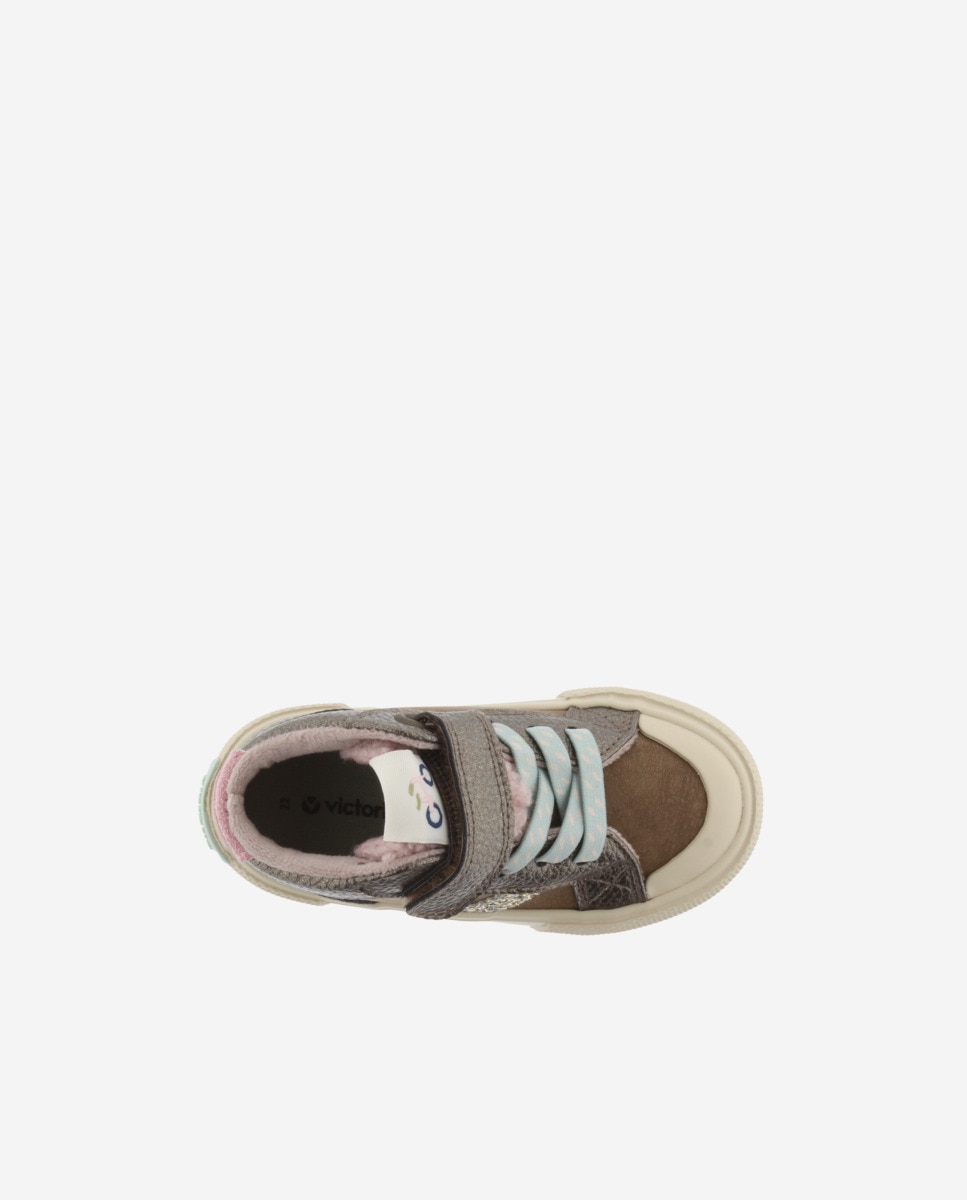 Sapatilhas Altas Metalizadas com Logotipo de Glitter e Velcro Castanho-4