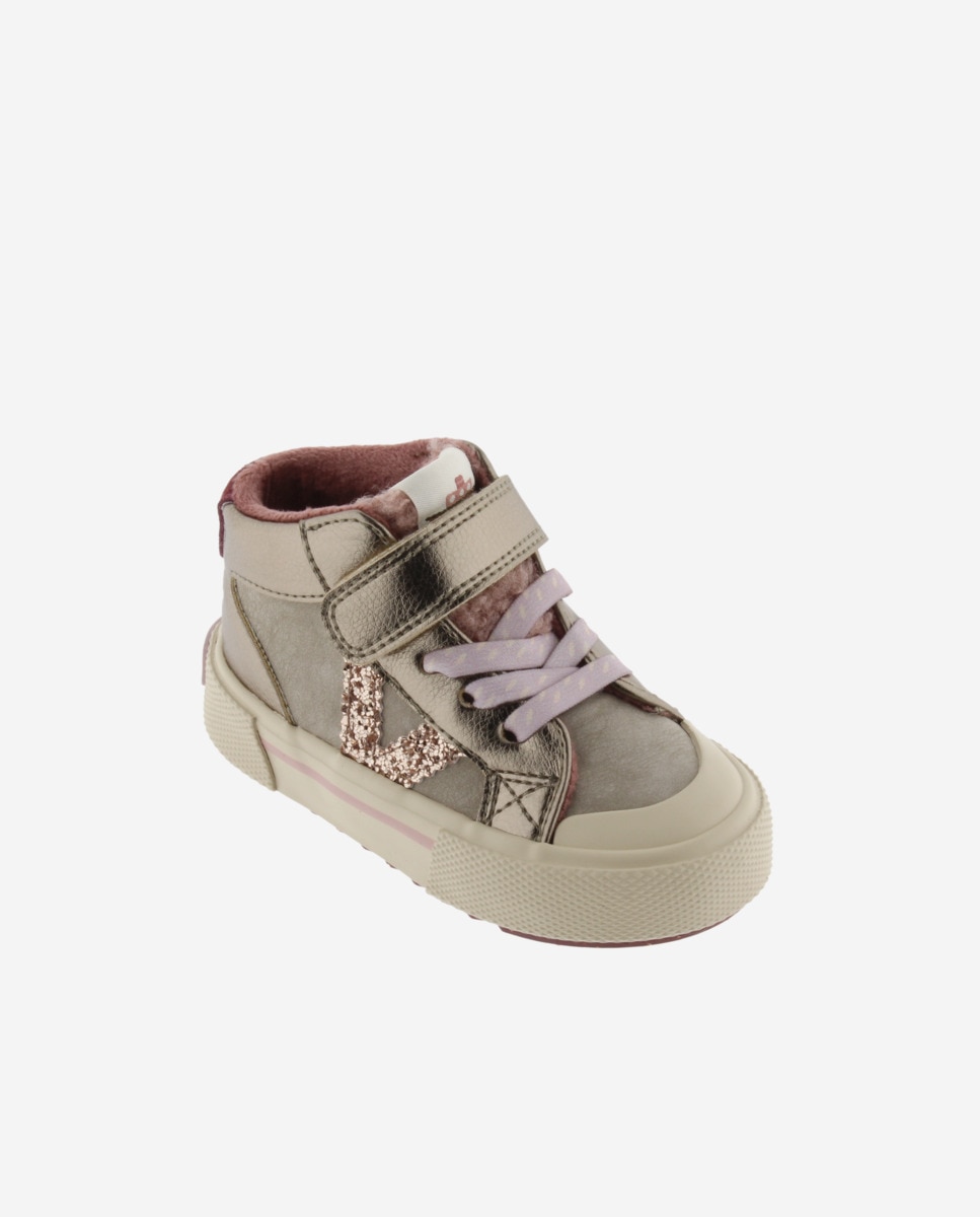 Sapatilhas Altas Metalizadas com Logotipo de Glitter e Velcro Nude-2