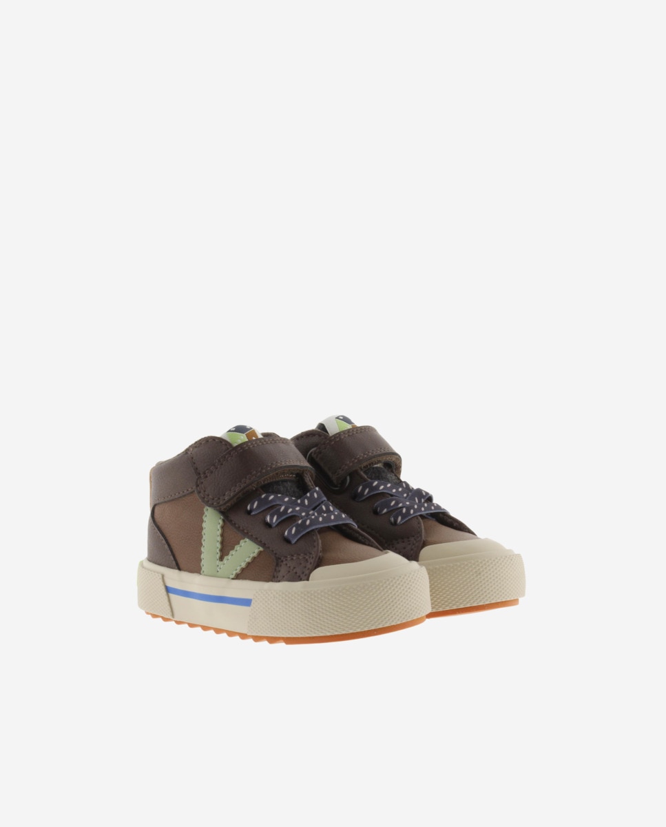 Sapatilhas Altas Infantil com Peças Coloridas e Velcro Castanho-5