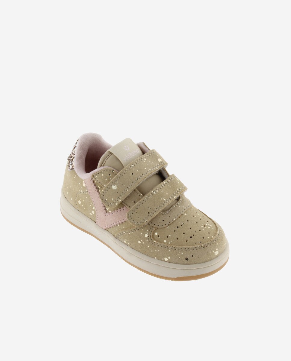 Sapatilhas Desportivas de Camurça com Peça Posterior de Glitter e Velcro Bege-2