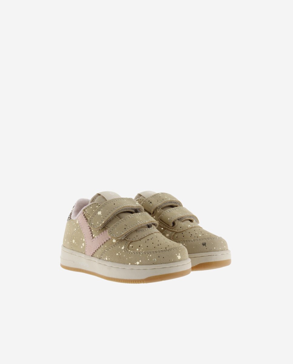 Sapatilhas Desportivas de Camurça com Peça Posterior de Glitter e Velcro Bege-5