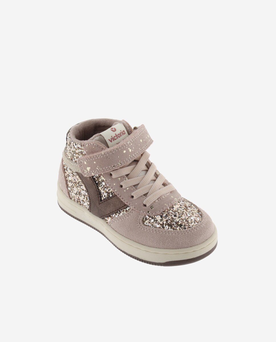 Sapatilhas Altas Infantil de Glitter com Peças de Camurça e Velcro Rosa-2