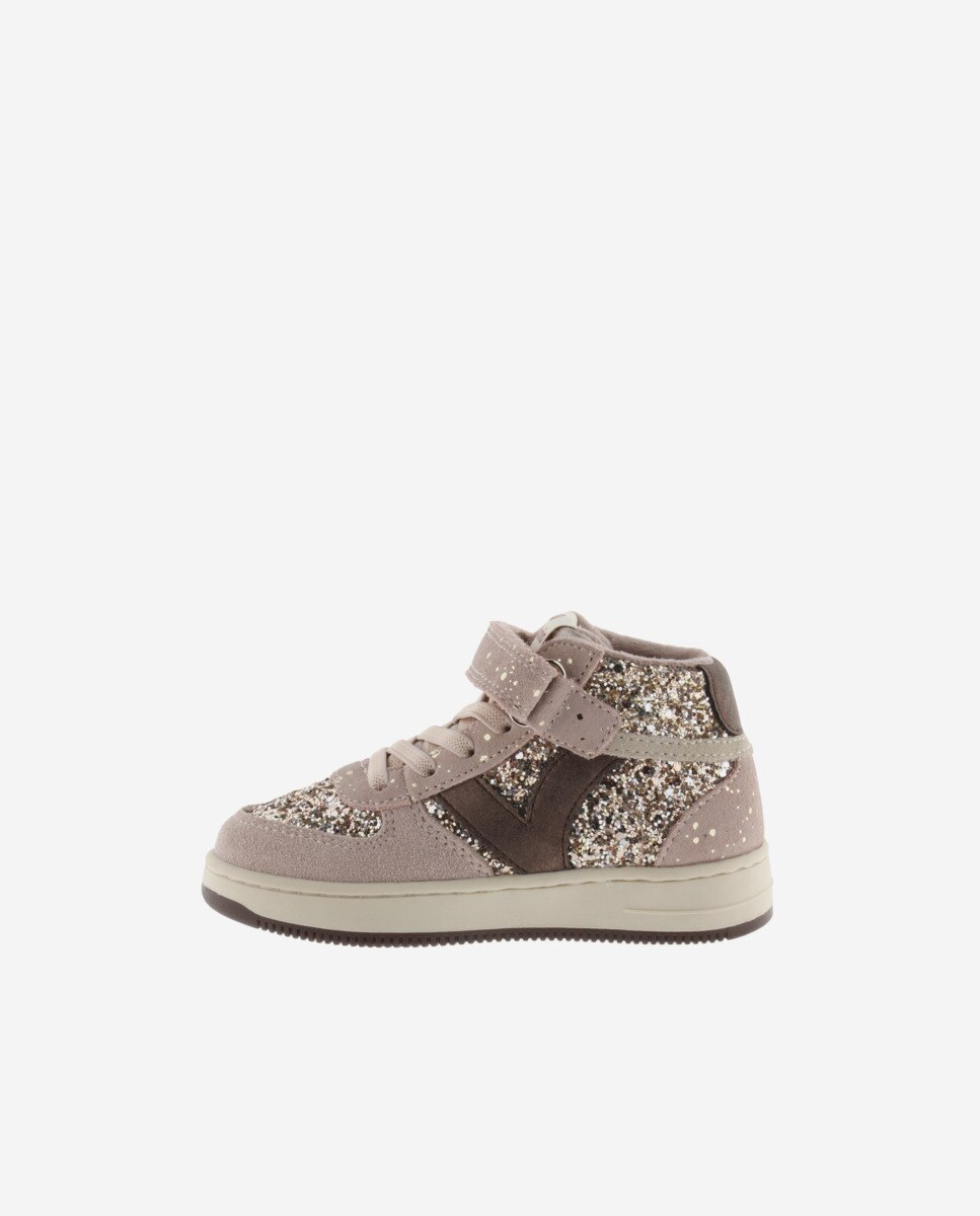 Sapatilhas Altas Infantil de Glitter com Peças de Camurça e Velcro Rosa-3