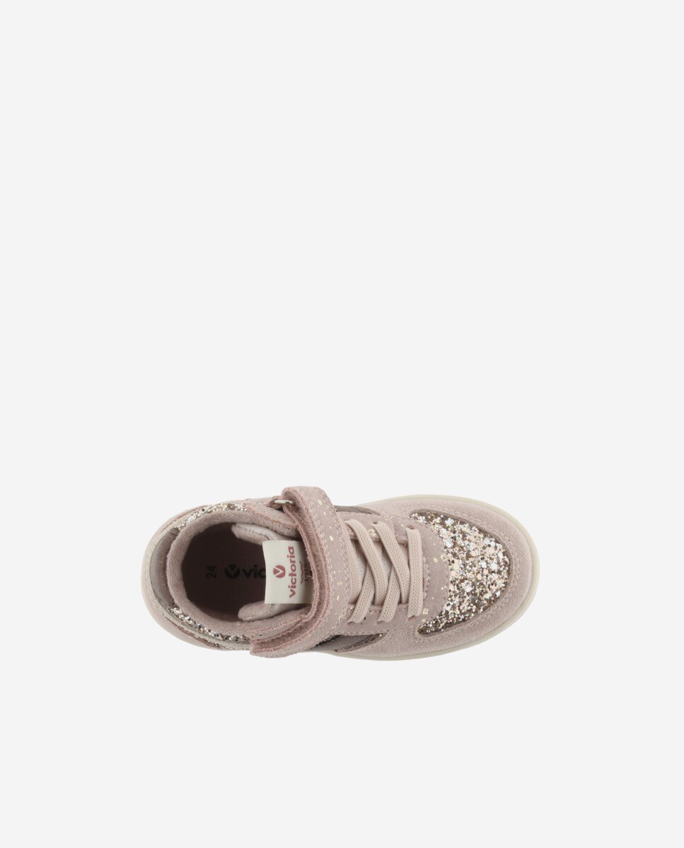 Sapatilhas Altas Infantil de Glitter com Peças de Camurça e Velcro Rosa-4