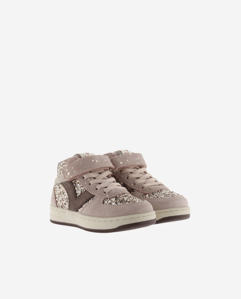 Sapatilhas Altas Infantil de Glitter com Peças de Camurça e Velcro Rosa-5