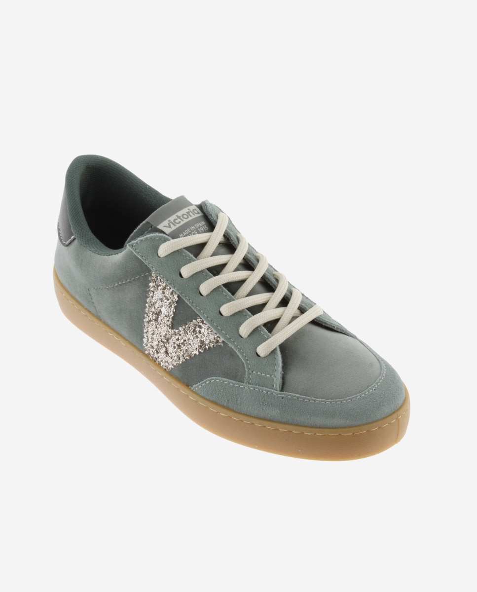 Sapatilhas Desportivas de Veludo com Peças de Camurça e Logotipo de Glitter Verde-acinzentado-2
