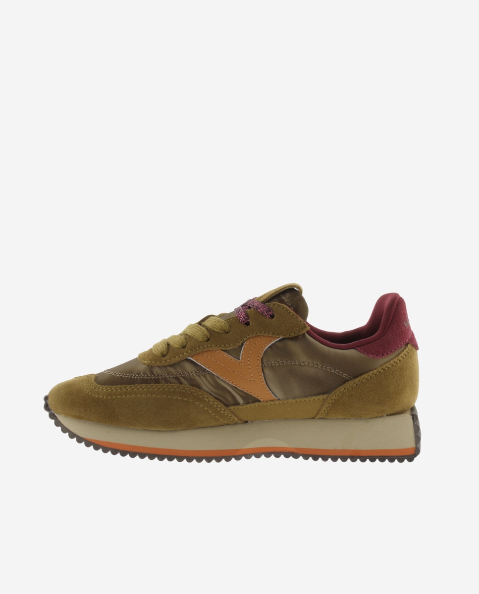 Sapatilhas Desportivas de Nylon Metalizado com Peças de Camurça e Sola Serrilhada Verde Azeitona-3