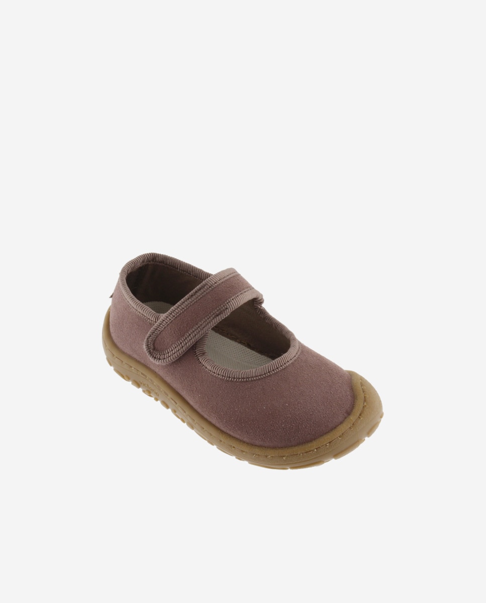 Merceditas Barefoot de Camurça com Debrum e Tira Adesiva Malva-2