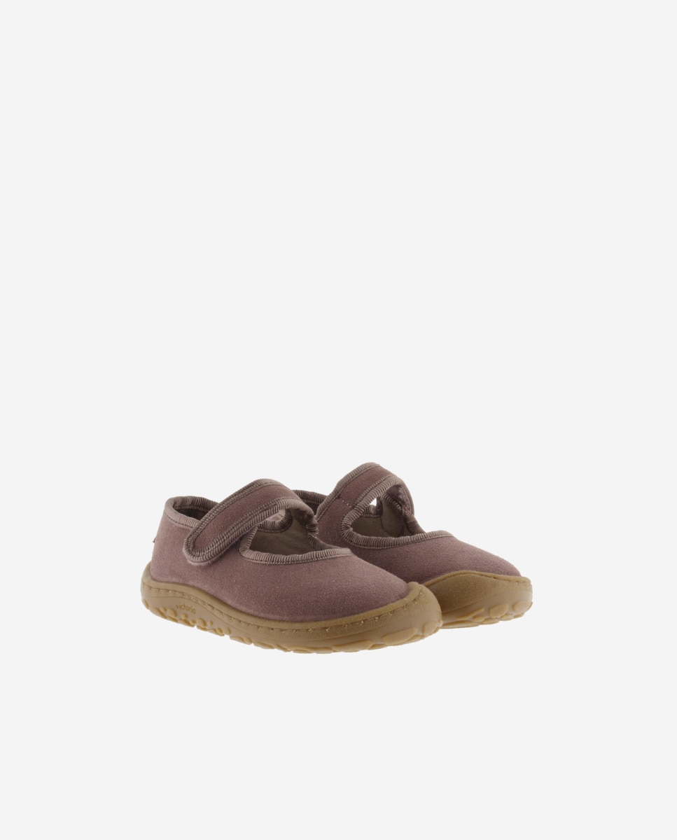 Merceditas Barefoot de Camurça com Debrum e Tira Adesiva Malva-5