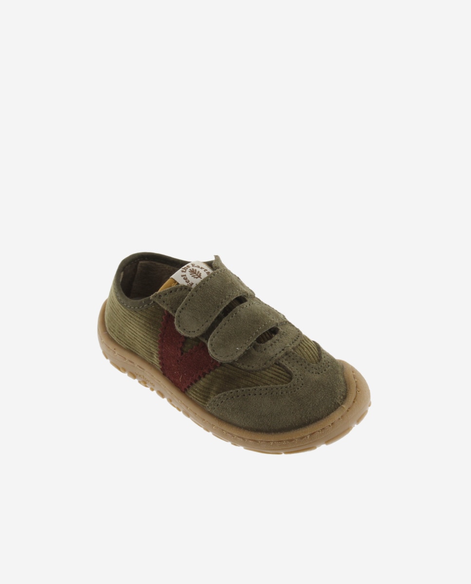 Sapatilhas Rasas Infantil Barefoot de Bombazina com Peças de Camurça e Velcro Duplo Victoria Caqui-2