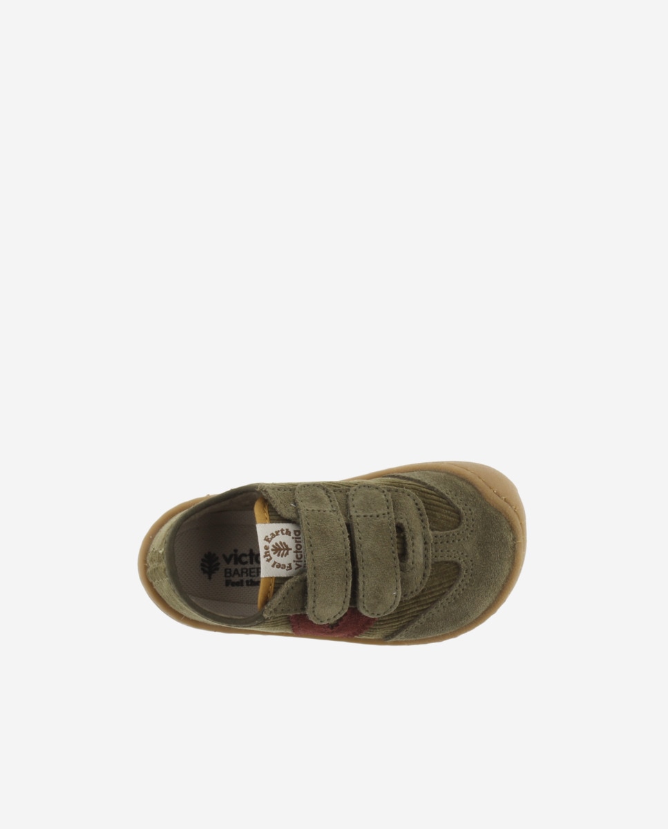 Sapatilhas Rasas Infantil Barefoot de Bombazina com Peças de Camurça e Velcro Duplo Victoria Caqui-4