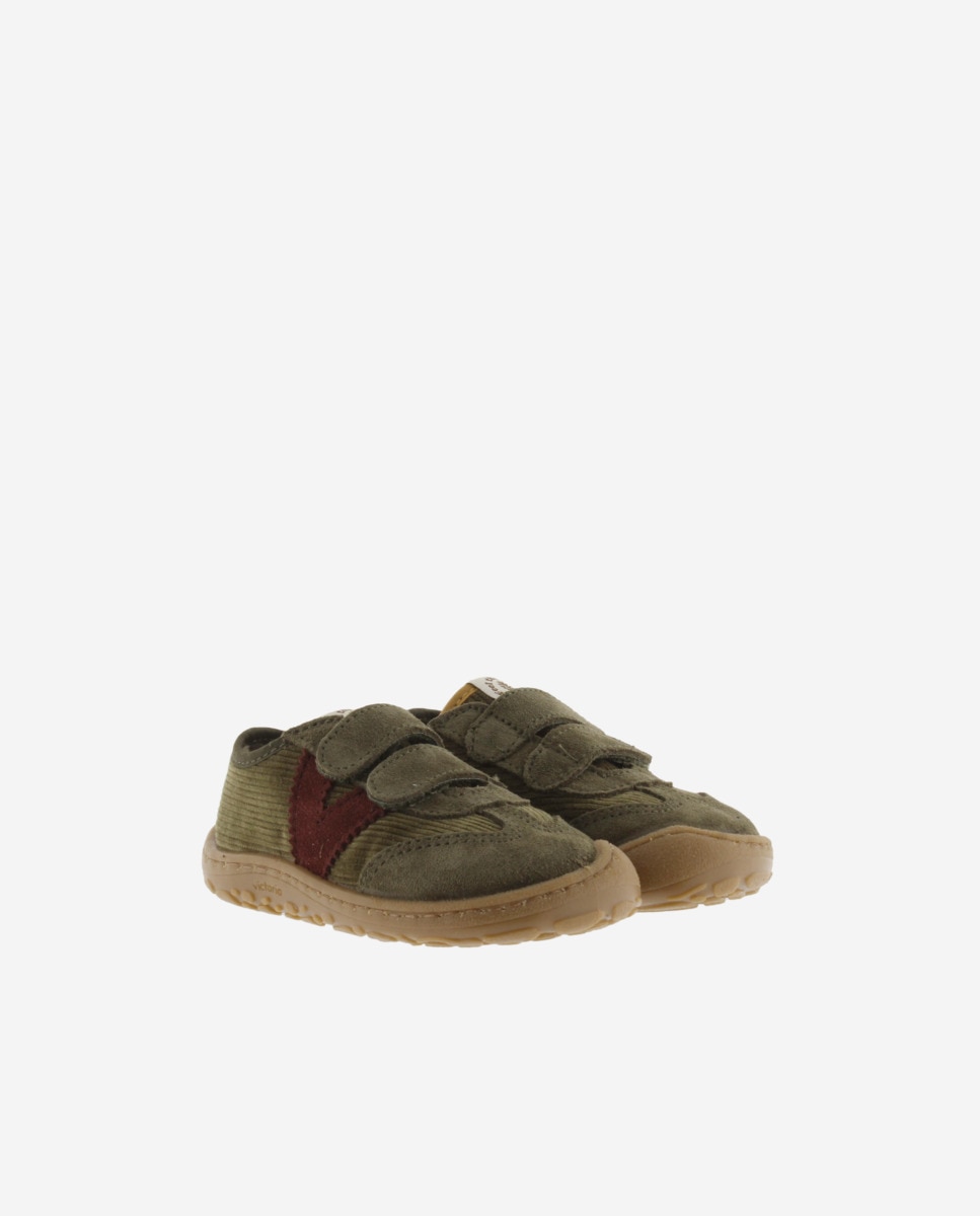 Sapatilhas Rasas Infantil Barefoot de Bombazina com Peças de Camurça e Velcro Duplo Victoria Caqui-5