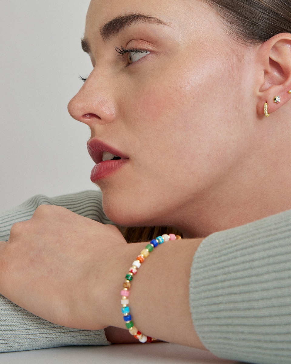 Pulseira de Corrente Trendy de Prata de Lei 925 Acabada em Ouro Amarelo de 18 Quilates com Cristal Multicolor Ouro-4