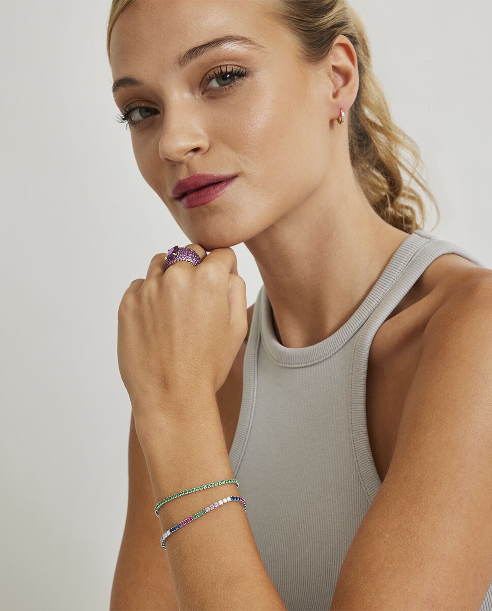 Pulseira Riviere Trendy Acabada em Ródio com Zirconita Multicolor Prata-2