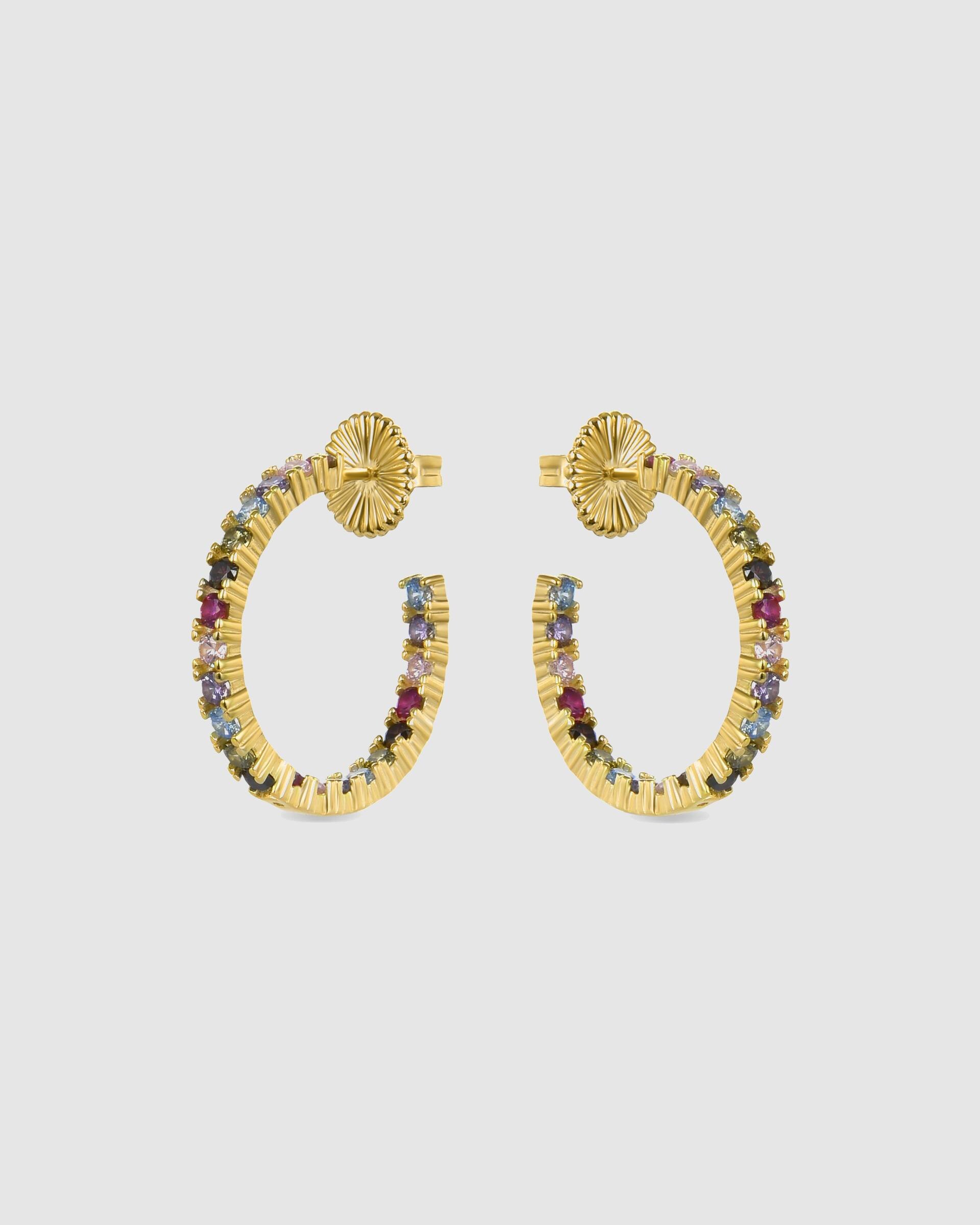 Brincos de Argola Trendy de Prata de Lei 925 com Acabamento em Ouro de 18 Quilates e Zirconita Multicolor Ouro-3