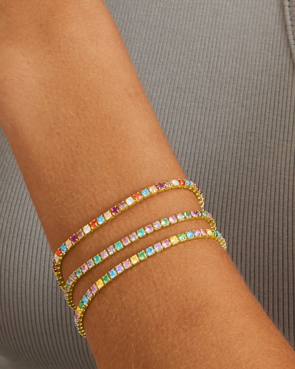 Pulseira de Corrente Trendy de Prata de Lei 925 Acabada em Ouro de 18 Quilates com Zirconita Multicolor Ouro-3