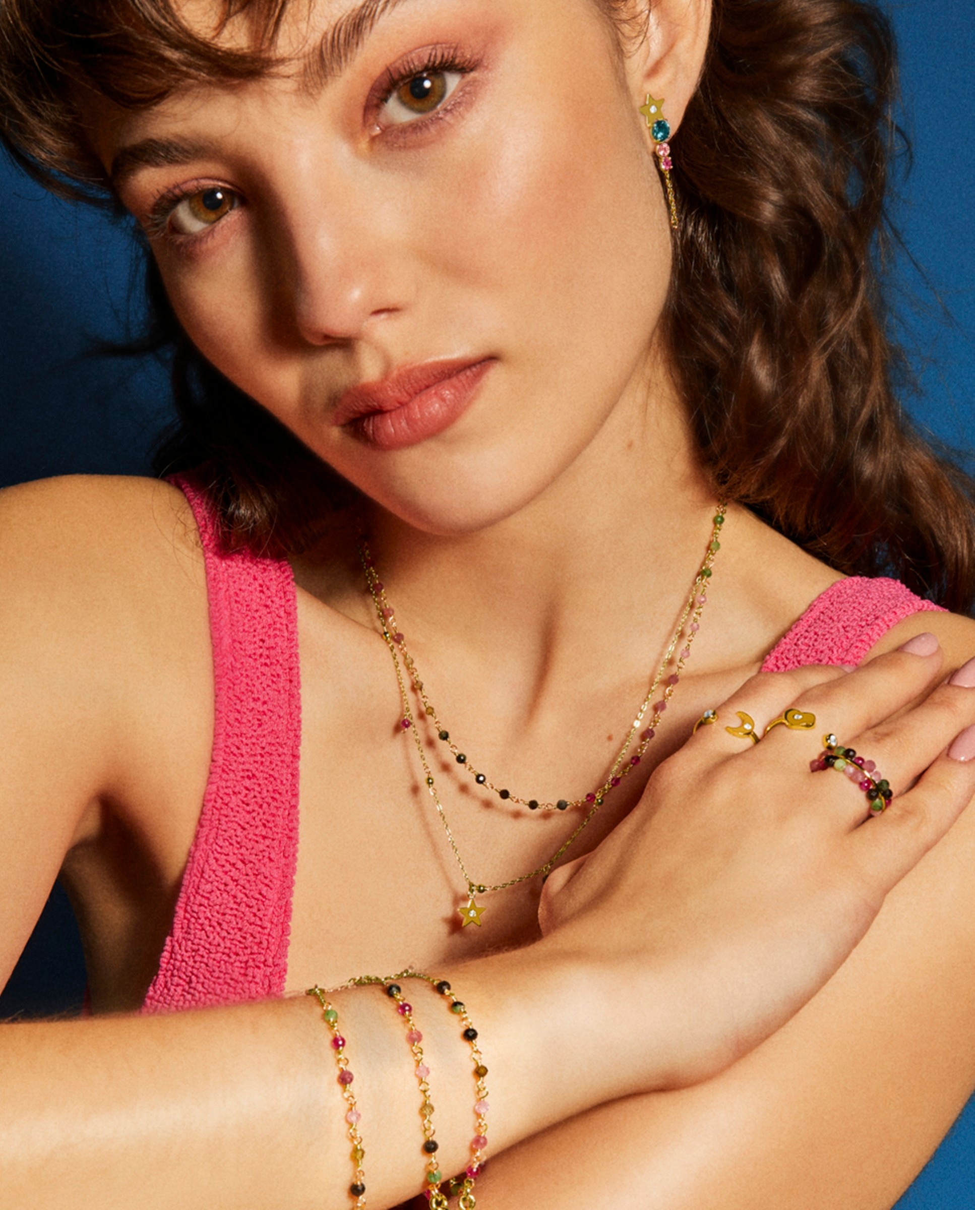 Pulseira de Corrente Trendy de Prata de Lei 925 Acabada em Ouro Amarelo de 18 Quilates com Cristal Multicolor Multicolor-2